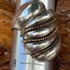 Large shrimp shaped sterling silver and gold braid ring